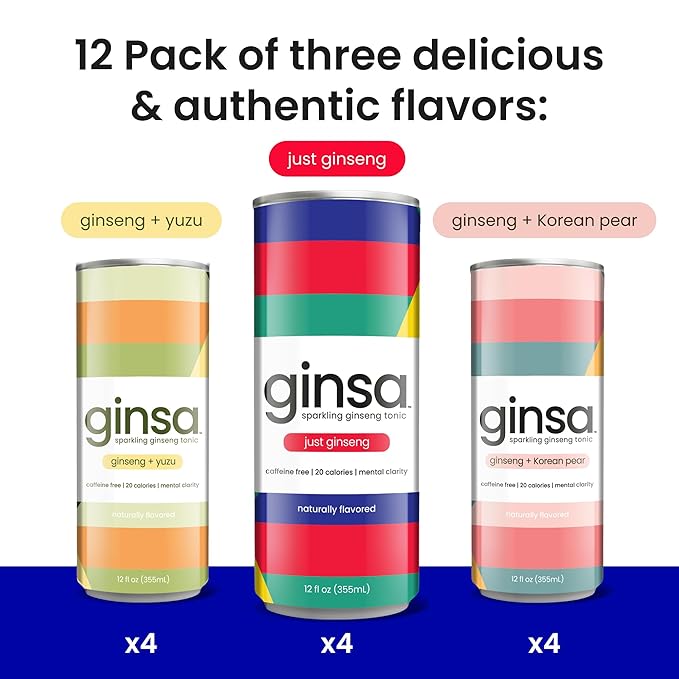 ginsa Sparkling Ginseng Energy Drink with Korean Red Ginseng | Natural Energy Booster | Non-GMO Supports Focus &amp Clarity with Pure Ginseng Root No Caffeine | Variety 12 pack | 12oz