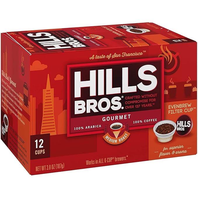 Hills Bros Single Serve Coffee PodsGourmet Medium Roast 12 Count-Keurig Compatible Roasted Arabica Coffee Smooth Balanced Coffee Subtle Chocolate Flavor