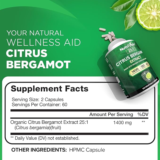 Nutrivein Premium Citrus Bergamot Supplement 1400mg 25:1 Bergamia Extract - 60 Day Supply (120 Capsules): Powerful Italian Citrus Bergamot 1400 mg+ High Concentration - Heart and Circulatory System