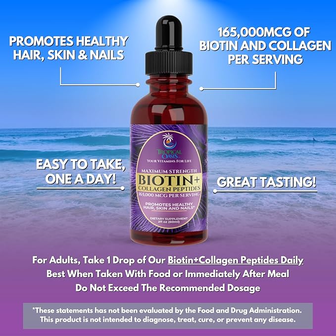 Maximum Strength 165000mcg Liquid Biotin &amp Collagen Drops – Vitamins for Hair Growth for Women &amp Men – Supports Healthy Hair Radiant Skin &amp Strong Nails – 98% Absorption Non-GMO 60 Ser