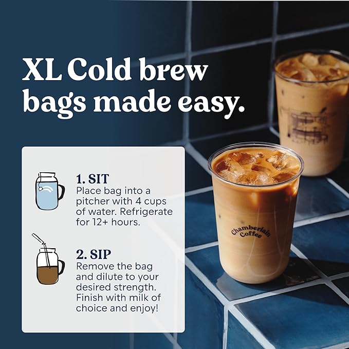 Chamberlain Coffee Organic Coconut Cold Brew XL Coffee Bags Medium Roast - Premeasured Ready to Brew - Makes 4 Cups per Bag - Perfect for Iced Coffee Convenient and Easy Brewing Experience - 8.5 oz