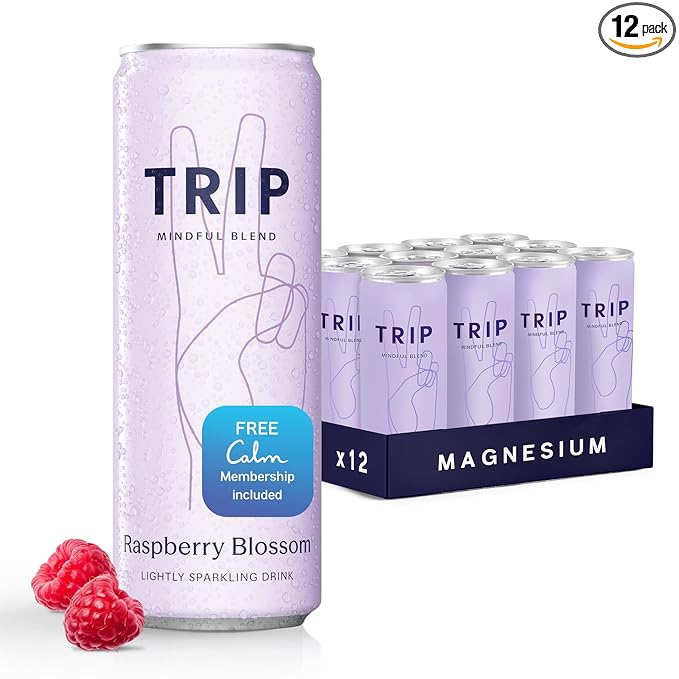 TRIP Lightly Sparkling Adaptogen Drink Non Alcoholic Drink with Magnesium Ashwagandha Lions Mane &amp L Theanine No Added Sugar Mocktail Vegan Raspberry Blossom 12 Oz 12Pk