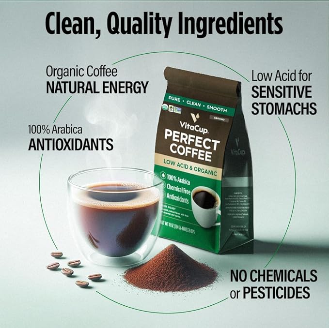 VitaCup Perfect Low Acid Coffee Ground USDA Organic &amp Fair Trade Mycotoxin Free Dark Roast Guatemala Single Origin Clean &amp Pure for Drip Coffee Brewers and French Press 4 bags 11oz each