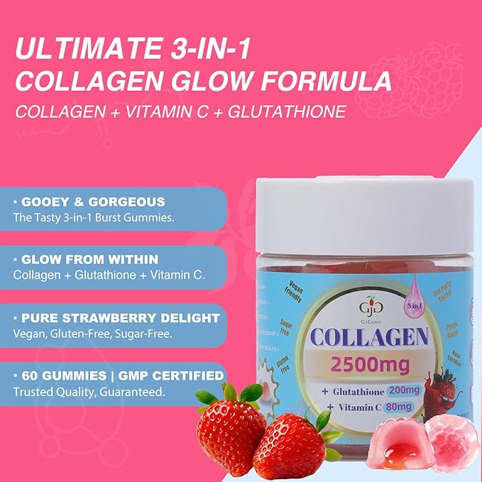 Collagen Gummies 2500mg with Vitamin C &amp Glutathione for Skin Hair &amp Nails - Delicious Filled Gummies - Anti-Aging Dietary Supplement Support Hydration &amp Radiance - 60 Count for Women &am