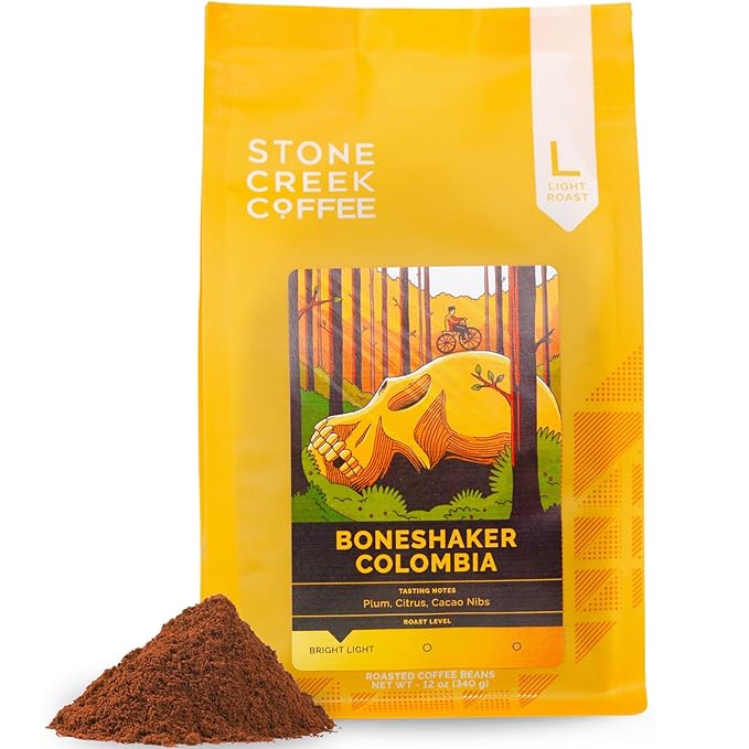 Stone Creek Coffee Light Roast Ground Coffee – 12 Ounce (Pack of 1) – Smooth Specialty Fresh Roasted Coffee Beans with Juicy and Citrus Tasting Notes Boneshaker Colombia
