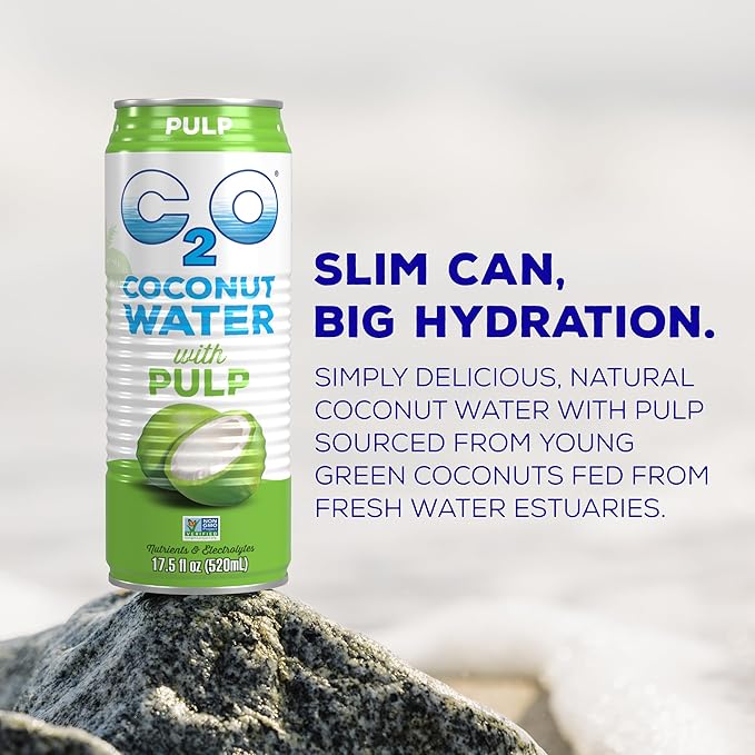 C2O - Coconut Water with Pulp (12 Pack) - Made with Fresh Coconut Water - Plant Based - Non GMO - Canned Water - Natural Hydration Essential Electrolytes &amp Potassium - 12 Cans 17.5 FL OZ