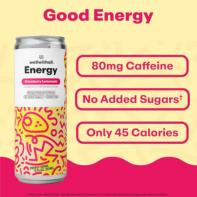 WellWithAll Strawberry Lemonade Energy Drink – Caffeine from Tea – With Vitamin C – Lightly Sparkling Beverage – Fruit &amp Veggie Juice Blend – 12 Oz (Pack of 12)