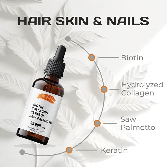 SIRUNES Liquid Biotin and Collagen Hair Skin Nails Supplement with 10000mcg Collagen 5000mcg Biotin Keratin Saw Palmetto 4 fl oz Made in USA