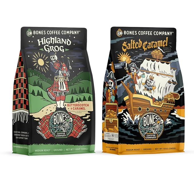Bones Coffee Company Salted Caramel and Highland Grog Flavored Coffee Medium Roast Low Acid Arabica Beans | Auto drip and French Press Coffee Maker 12 Oz Ground