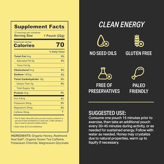 HNY+ Buzz Organic Honey Energy Gel with Electrolytes Magnesium Sea Salt Potassium &amp Green Tea Caffeine Gluten Free &amp Vegan Workout Gels for Gym Running &amp Hiking 50mg Caffeine 12 P