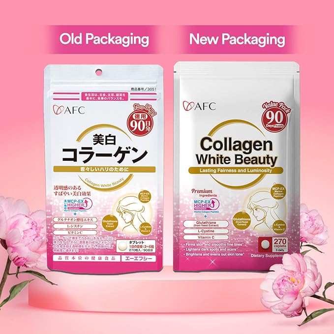 AFC Japan Collagen White Beauty with Marine Collagen Peptide Glutathione L-Cystine - 1.5X Better Absorption Than Other Collagen – Supports Skin Firmness &amp Radiance– 90 Days Supply