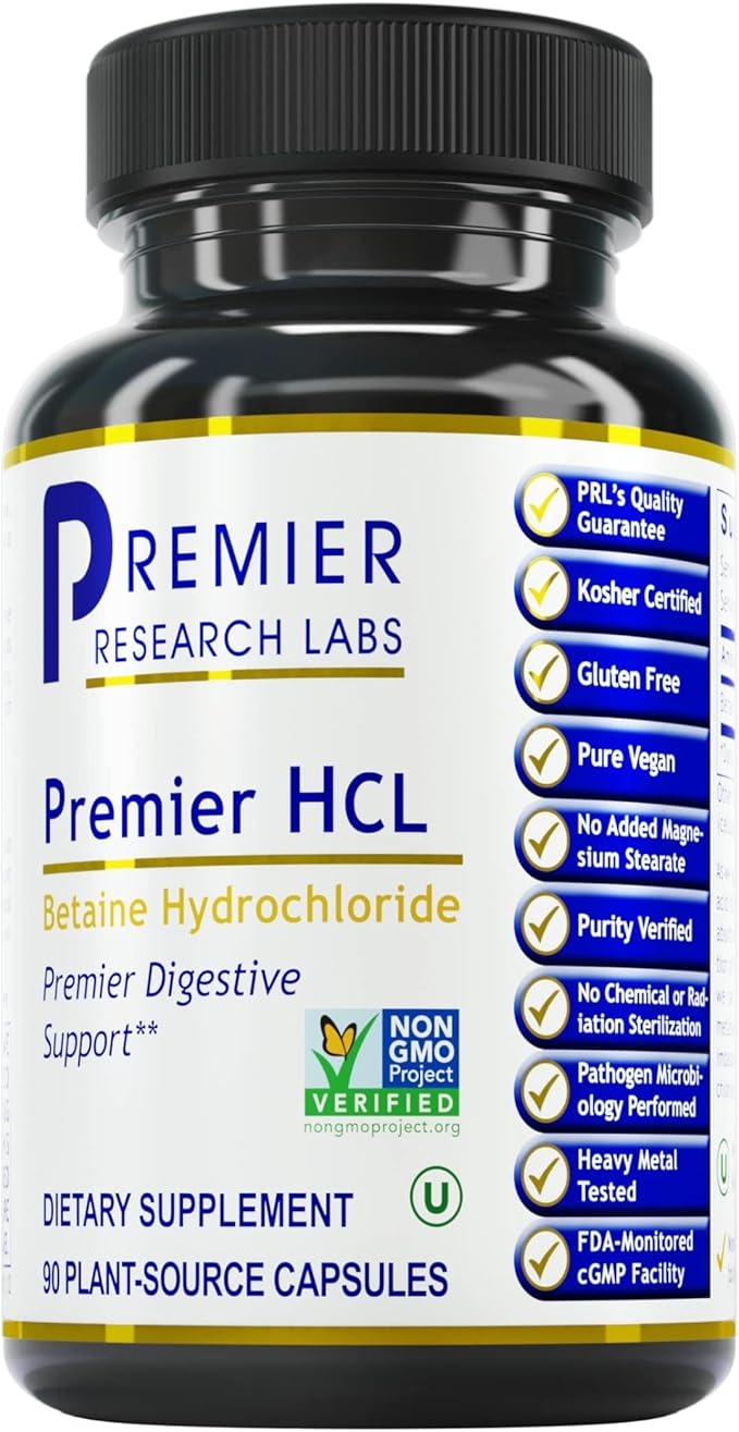 Premier Research Labs Premier HCL - Betaine HCL Betaine Hydrochloride Supplement for Optimal Digestive Function Nutrient Absorption Betaine-HCL for Low Stomach Acid- 90 Vegetarian Capsules