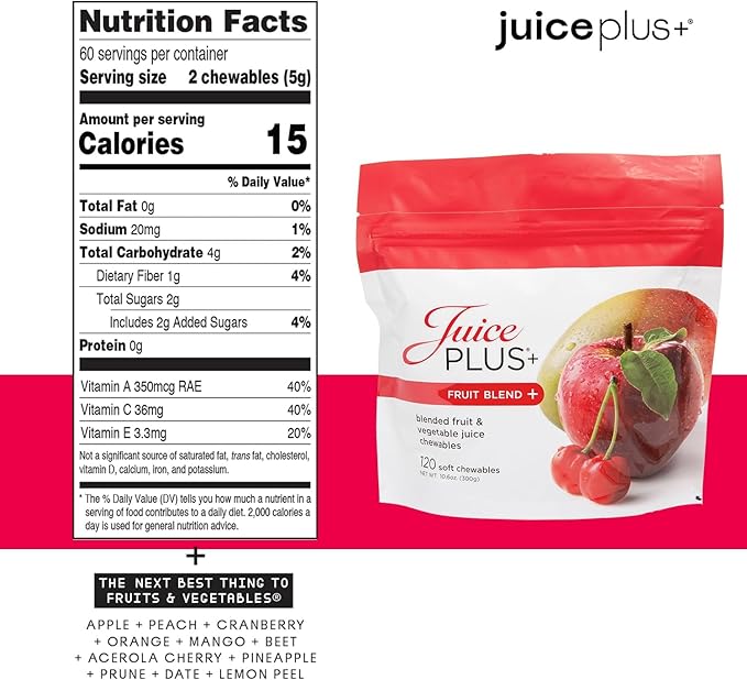 Juice Plus+ Fruit Blend Soft Chews (Chewables) - Boost Your Nutrition with 11 Fruits &amp Plant Ingredients - Vegan Gummy for Kids &amp Adults - Vitamins Whole Food Nutrition - 120 Chewables