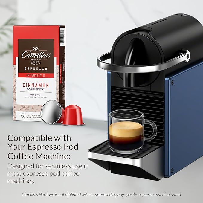 Camilla’s Heritage - Intensity 8 Cinnamon Flavored Espresso Coffee Gourmet Espresso Cups 60 Coffee Pods