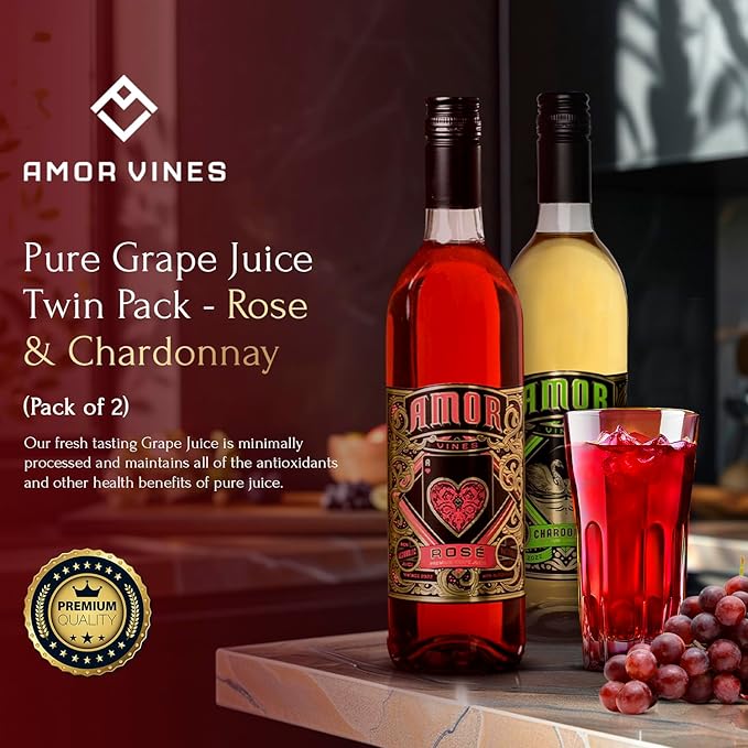 Amor Vines 100% Natural Unfiltered Pure Rosé &amp Chardonnay Grape Juices - No Water Added Preservative Free Non-Alcoholic - 750ml Glass Bottle - Pack of 2