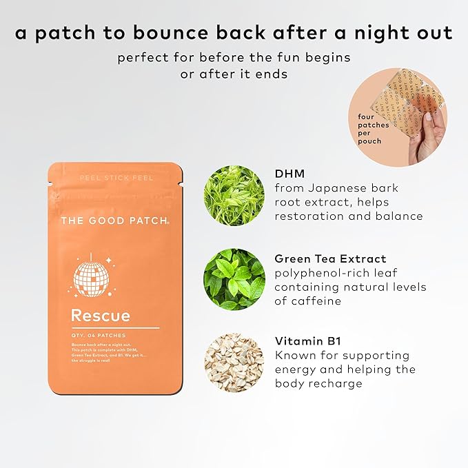 The Good Patch Rescue Recovery Patch Natural Patch with DHM Vitamin B1 and Green Tea Plant-Powered Wearable Wellness Support After a Night Out (8 Total Patches)