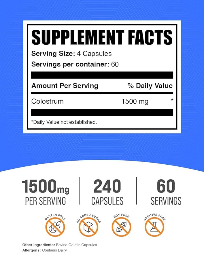 BulkSupplements.com Colostrum Capsules - Colostrum Supplement from Bovine Colostrum - Gluten Free 240 Capsules (Pack of 1)