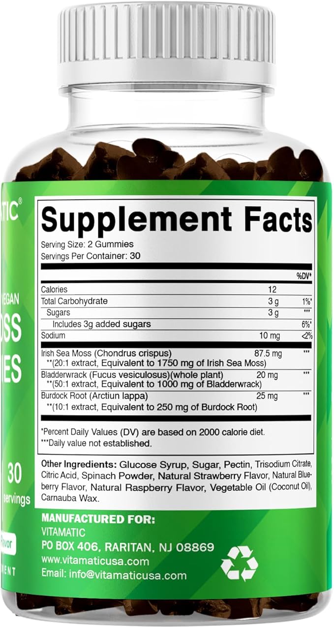 Vitamatic 3 Pack Irish Sea Moss Gummies- 3000mg Equivalent Per Serving - 60 Ct - Made with Bladderwrack &amp Burdock Root - Seamoss Supplement for Thyroid Energy Immune Support