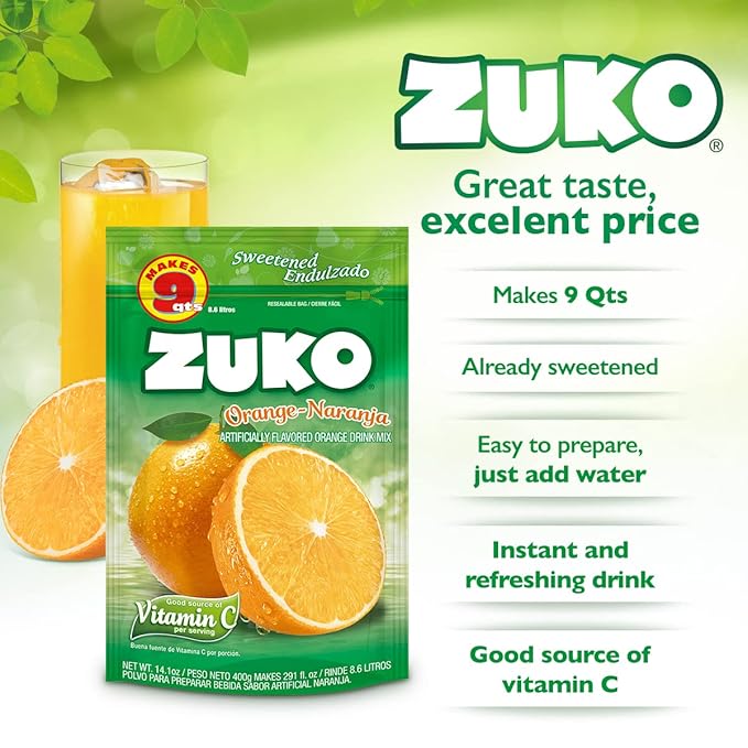 Zuko Orange Instant Powder Drink | Family Pack | No Sugar Needed | Vitamin C | 14.1 Ounce (Pack of 2)