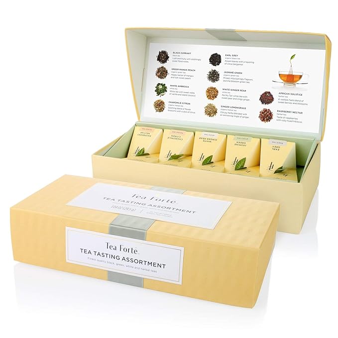 Tea Forte Premium Petite Presentation Box Gift Set Sampler 10 Count 2 of Each Blend Individually Wrapped Handcrafted Pyramid Infuser Bags Assorted Classic Tea