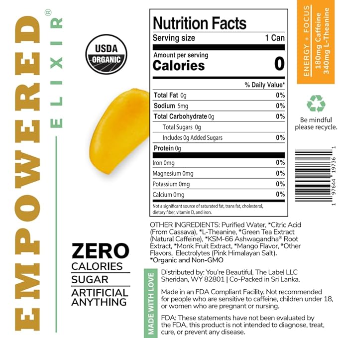 Organic Mango Energy &amp Focus Drink | Green Tea Extract (Natural Caffeine) L-Theanine Ashwagandha Electrolytes |12oz. Cans (Pack of 12)