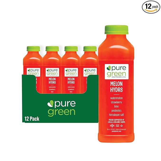 Pure Green Cold Pressed Juice - Melon Hydr8 - Fresh Functional Blend with Watermelon Strawberry Lime- Natural Gluten Free Non-GMO No Artificial Colors or Flavors - Made from Real Fruits &amp Veg