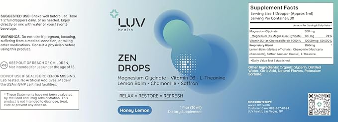 LUV Zen Drops: Anxiety and Stress Support Drops with Magnesium Glycinate Vitamin D3 Lemon Balm Chamomile Saffron L-Theanine. Keto Vegan USA Made Non-GMO 30 Servings (1)