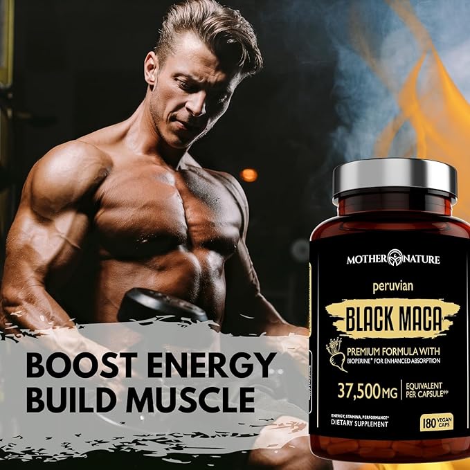 Black Maca Root 50:1 Extract 37500mg – 180 Capsules Organic Peruvian Maca Peruana Supplement for Men | High Potency Energy Mood &amp Performance Support | Vegan Non-GMO