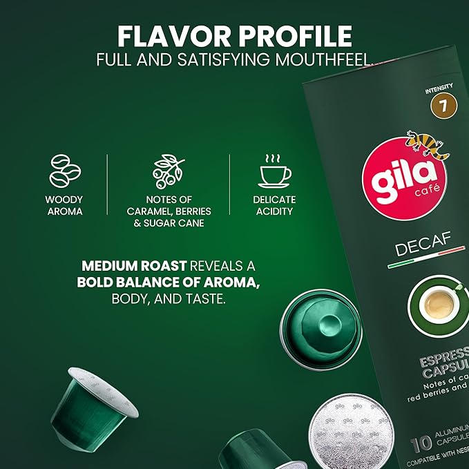 GILA Café Decaf Aluminum Coffee Capsules – Dark Roast Espresso Pods Compatible with Nespresso Original Machines – 100% Arabica Naturally Water-Processed 60 Count