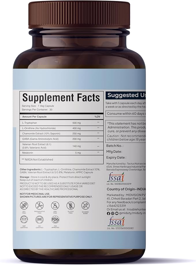 Melatonin 5mg + GABA - L-Tryptophan - L-Ornithine - Chamomile Extract - Tryptophan -Gluten Free - Non-GMO - 60 Capsules