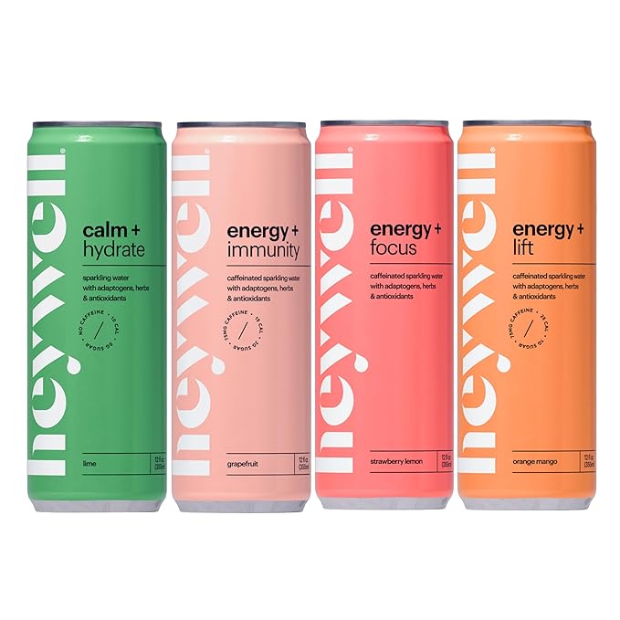 Heywell Sparkling Adaptogenic Water Variety Pack 12 Fluid Ounce (Pack of 12) Includes - Lime Grapefruit Orange Mango Strawberry Lemon - Calm Drink Sparkling Drink