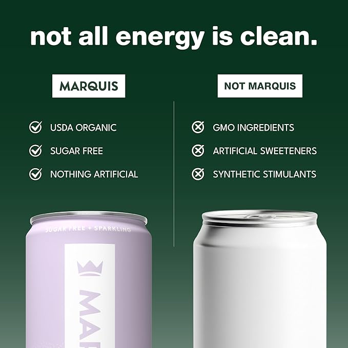 Marquis Natural Energy Drinks Sugar Free Zero Calories 100mg Organic Plant Based Caffeine Yerba Mate Green Tea &amp Green Coffee - Vitamin C &amp B - Lemon Lavender Healthy Energy Drink - 12oz Cans