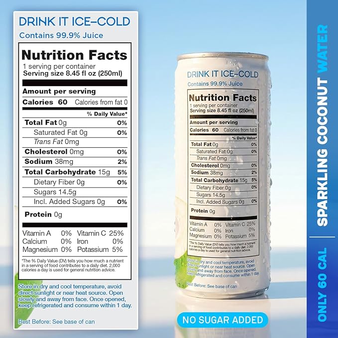 Yoopy Sparkling Coconut Water – Lightly Carbonated Tropical Drink No Sugar Added Healthy Soda Alternative Refreshing Non Alcoholic Beverage - 12 pack (8.45 fl oz cans)