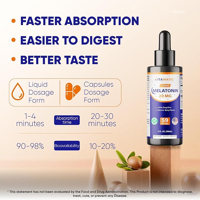 Vitamatic 2-Pack Melatonin 20mg Liquid Drops - 2 fl oz (59 ml) Each - Natural Berry Flavor - Non-GMO Vegetarian Supplement for Adults