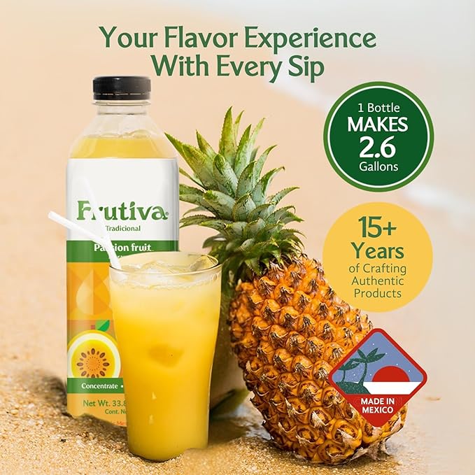 Frutiva Authentic Passion Fruit Drink Mix | Made in Mexico with Cane Sugar | Aguas Frescas Concentrate Makes 2.6 Gallons Per Bottle | No High Fructose Corn Syrup | Perfect for Drinks Desserts &amp M