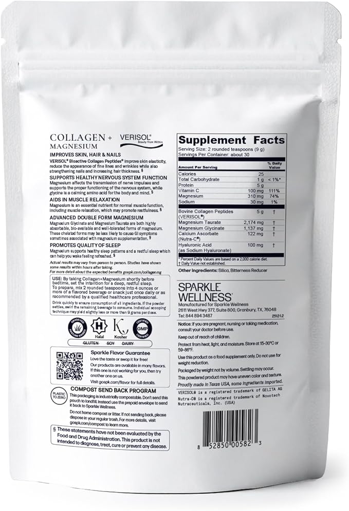 Collagen + Magnesium | VERISOL Bioactive Collagen Peptides Magnesium Glycinate &amp Taurate Salts | Lauren Roxburgh Rest + Restore | Calming Nightly Beauty Routine (No Flavor) [30 Serves]