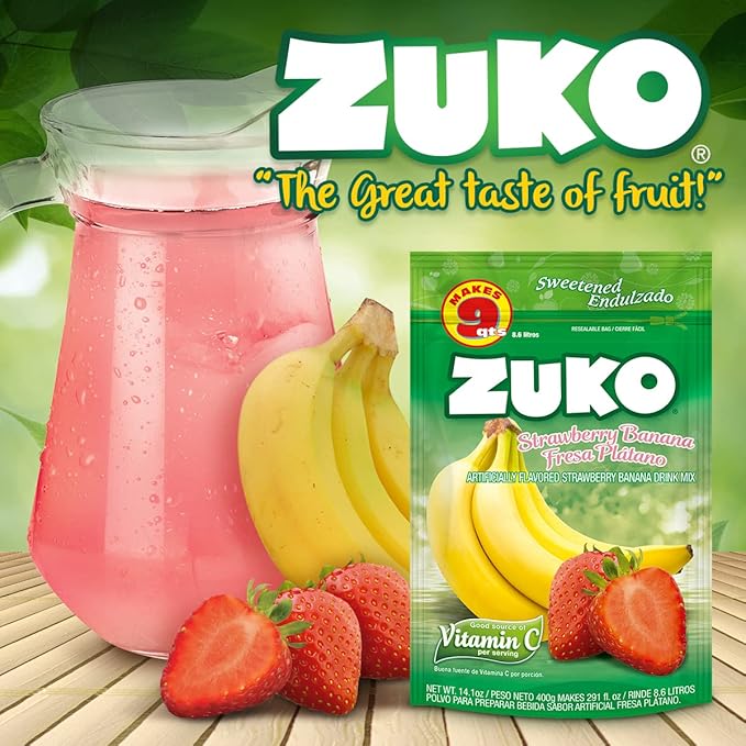 Zuko Strawberry Banana Instant Powder Drink | Family Pack | No Sugar Needed | Vitamin C | 14.1 Ounce (Pack of 6)