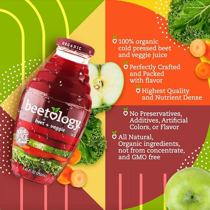 Beetology Organic Beet and Veggie Juice 8.45oz (6 Pack) | 100% Cold Pressed | Heart Healthy | Nutrient Packed Vegetable Juice | Vibrant Flavor