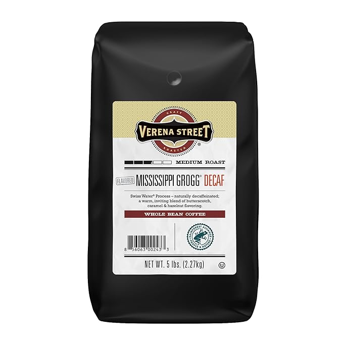 Verena Street 5 Pound Flavored Whole Bean Swiss Water Process Decaf Mississippi Grogg Decaffeinated Medium Roast Rainforest Alliance Certified Arabica Coffee