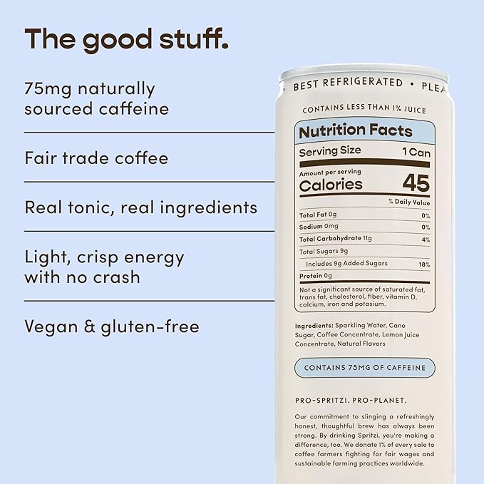 Spritzi Original - Sparkling Espresso Tonic - 75mg Caffeine 45 Cal Fair Trade Coffee Naturally Sweetened Refreshing Energy Alternative - Canned Coffee Drinks (12 Fl Oz x 12 Pack)