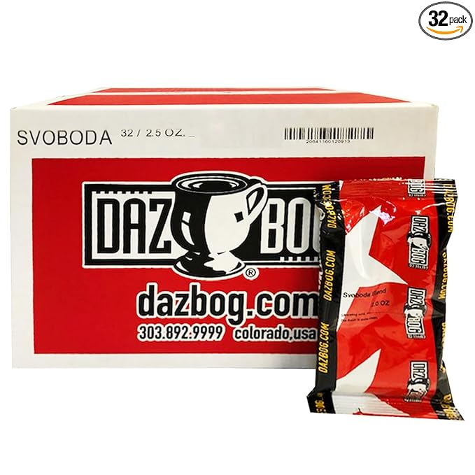 Dazbog Coffee | Svoboda Freedom Blend | Ground | 2.5 oz. Portion Pack 32 Count | Mild Sweet Blend | Medium-Bodied Blend | Lively Complex &amp Spicy | Heavenly Rich | Great for Businesses &amp Res