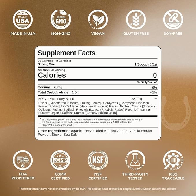 MYCL Organic Mushroom Coffee - Instant Coffee - 1680mg Fruiting Body - Reishi Lion’s Mane Cordyceps Chaga &amp L-Theanine - Focus Energy &amp Immunity - Vegan Gluten-Free - Dark Roast 30 Serv