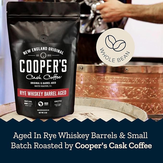 Rye Whiskey Barrel Aged Coffee Single-Origin Ethiopian Beans Aged in Rye Whiskey Barrels Medium Light Roast Whole Bean 2 lb