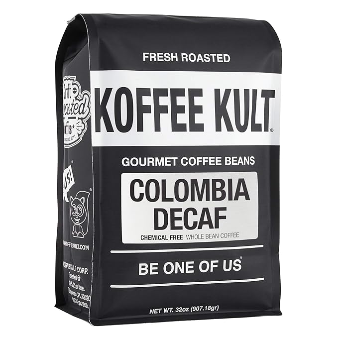 Koffee Kult Medium Roast Decaf Coffee Beans Colombian Single Origin 100% Arabica Naturally Swiss Water Process Chemical Free - 32oz Resealable package