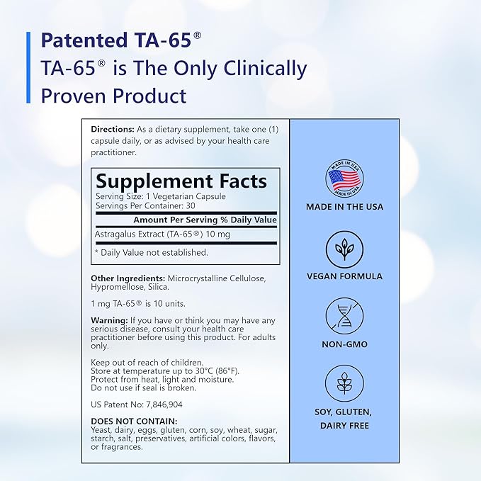 T.A. Sciences Telomerase Activation Supplement - 100 Units TA 65 MD 30 Capsules
