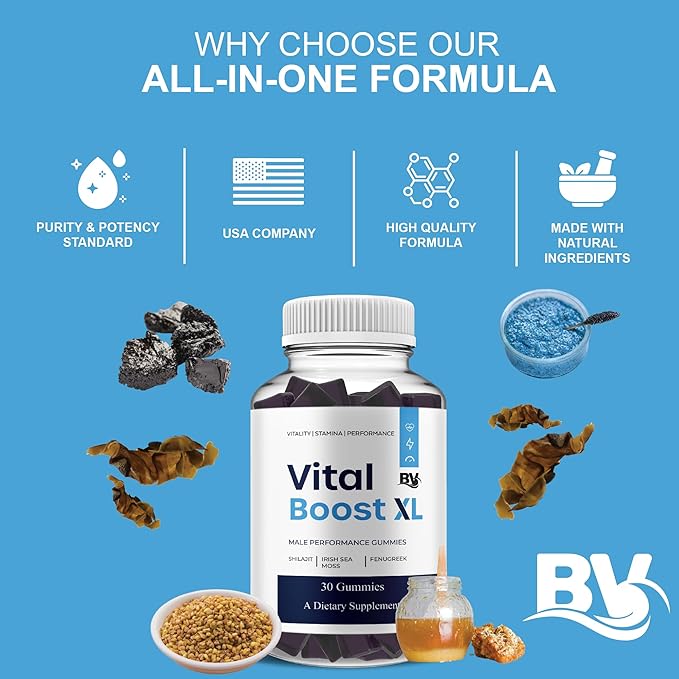 BLUE VIBE Vital Boost XL Gummies VitalBoostXL Daily Shilajit and Manuka Honey Performance Supplement Vital Boost XL Advanced Overall Health and Performance Supplement (2 Pack - 60 Gummies)