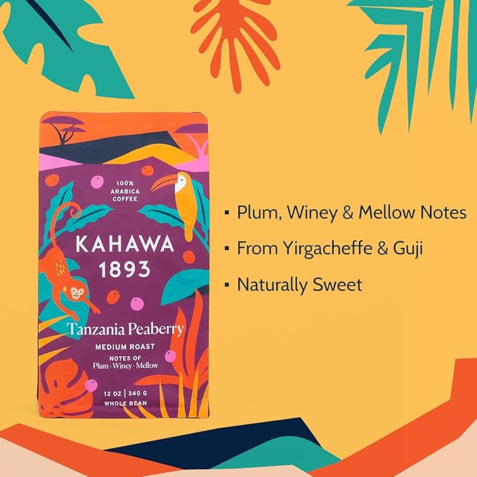 Kahawa 1893 Whole Bean Coffee Medium-Roast Tanzania Peaberry Blend 24 Oz - As Seen on Shark Tank High Antioxidants Naturally Sweet Organically Grown Ethically &amp Sustainably Sourced (Pack of 2)