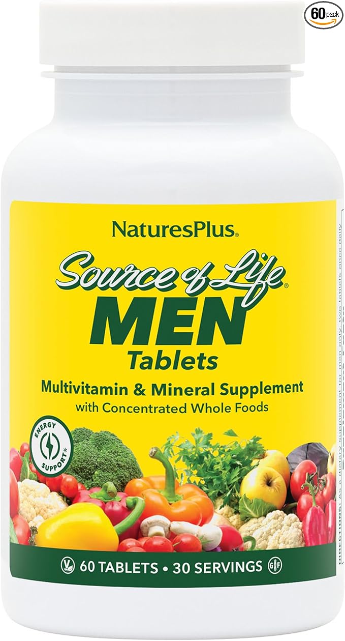 NaturesPlus Source of Life Men - 60 Tablets - Iron-Free Multivitamin &amp Mineral Supplement - with Saw Palmetto Lycopene &amp Rhodiola - Gluten Free Vegetarian - 30 Servings