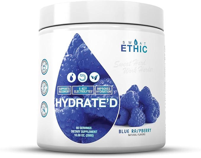Sweat Ethic Hydrate’D Electrolytes Electrolyte Powder with Potassium Magnesium &amp Vitamin C Easy Mix Powder for Hydration &amp Performance Support Natural Ingredients Blue Raspberry 60 Servin