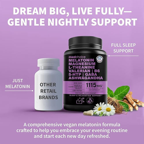 12-in-1 Melatonin Sleep Capsules - Natural Sleep Aids for Adults with Melatonin 5mg and Magnesium Glycinate 500mg Sleep Aid with Ashwagandha L Theanine Valerian Root GABA 5-HTP (90ct Pack of 1)